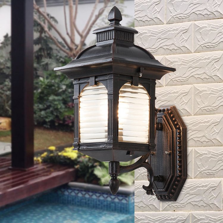 Black 1 Bulb Sconce Light Fixture Lodges Clear Ribbed Glass Pavilion Wall Mount Lamp