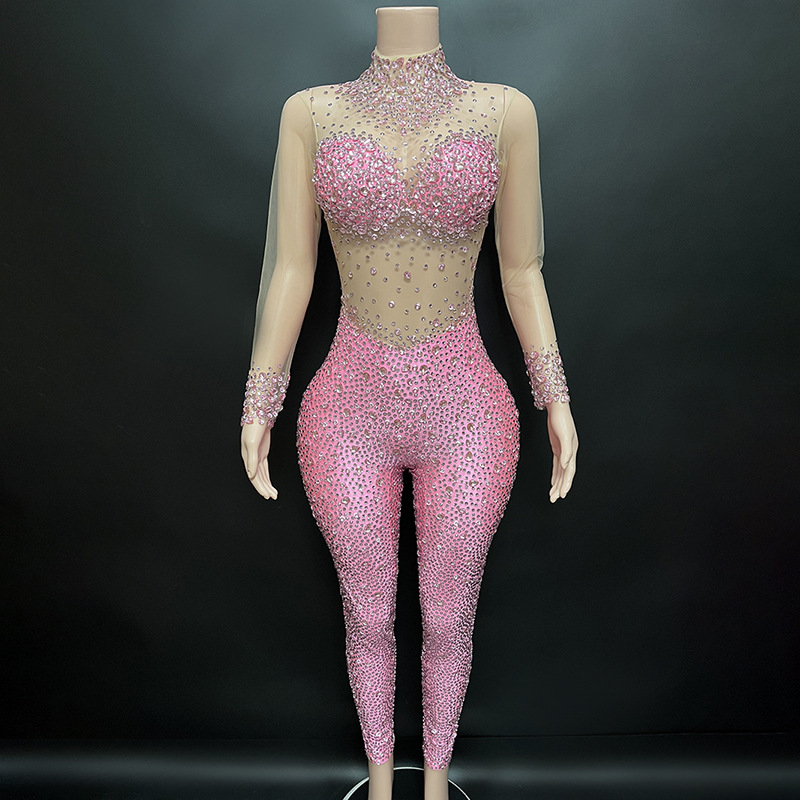 TAAFO Night Club Bodysuit Pink Rhinestone Transparent Bodysuit Long Sleeve Bodysuit Shapewear For Women