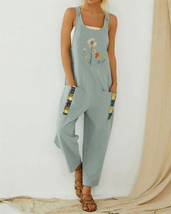 floral printed straps patchwork vintage jumpsuit with pocket p321188