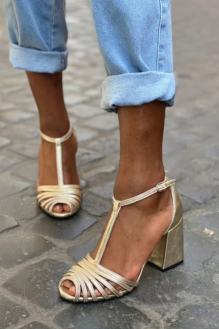 Strappy T-Strap Buckle Peep Toe Chunky Heels
