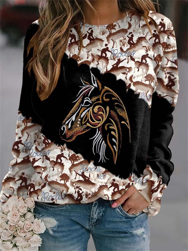 VChics Western Horse Print Patchwork Crewneck Sweatshirt