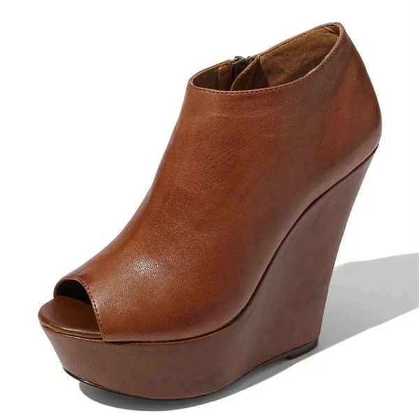Brown Peep Toe Booties Vintage Wedge Platform Ankle Boots |FSJ Shoes