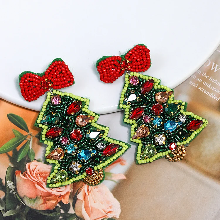 Women's Christmas Tree Beads Bow Rhinestone Earrings