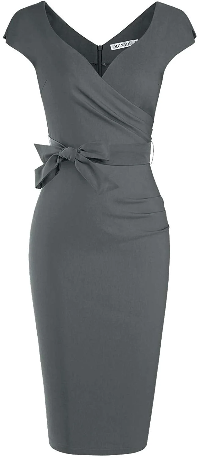 1950s Dress Women's Vintage Style Wrap V Neck Tie Waist Formal Cocktail Dress