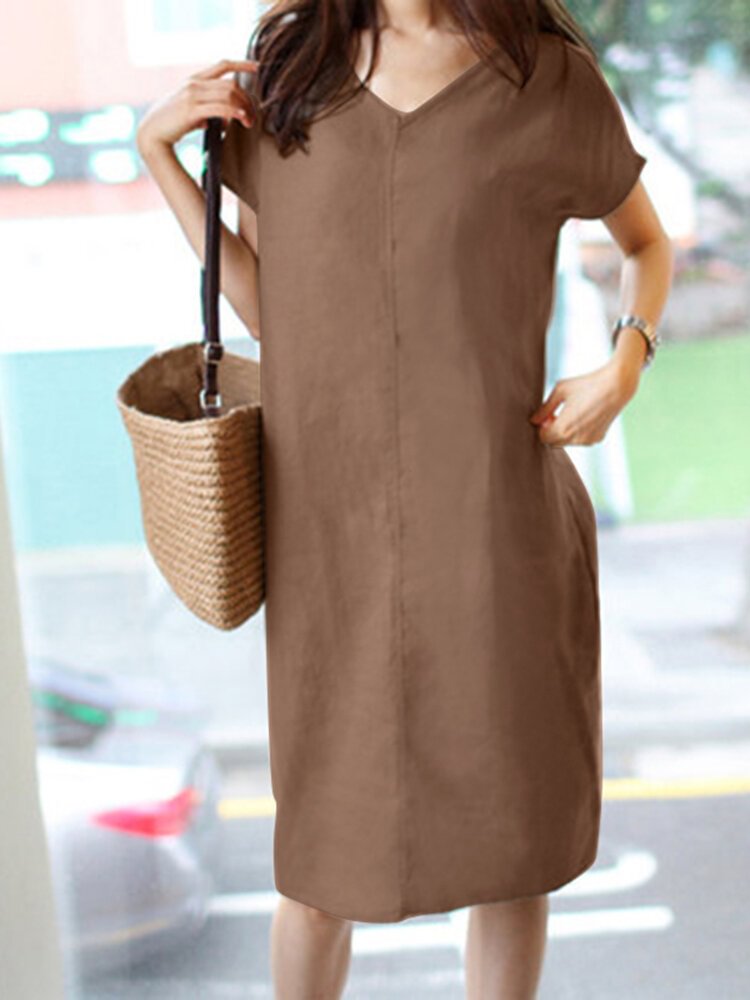 Solid Short Sleeve V-neck Vintage Dress For Women