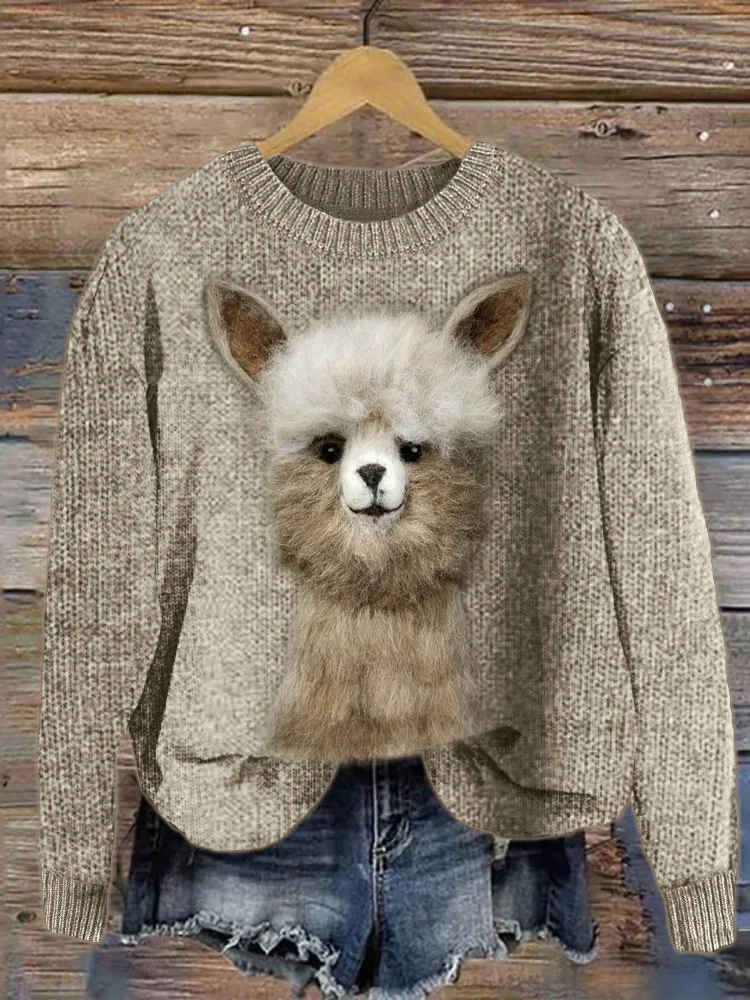 Funny Alpaca Felt Art Cozy Knit Sweater