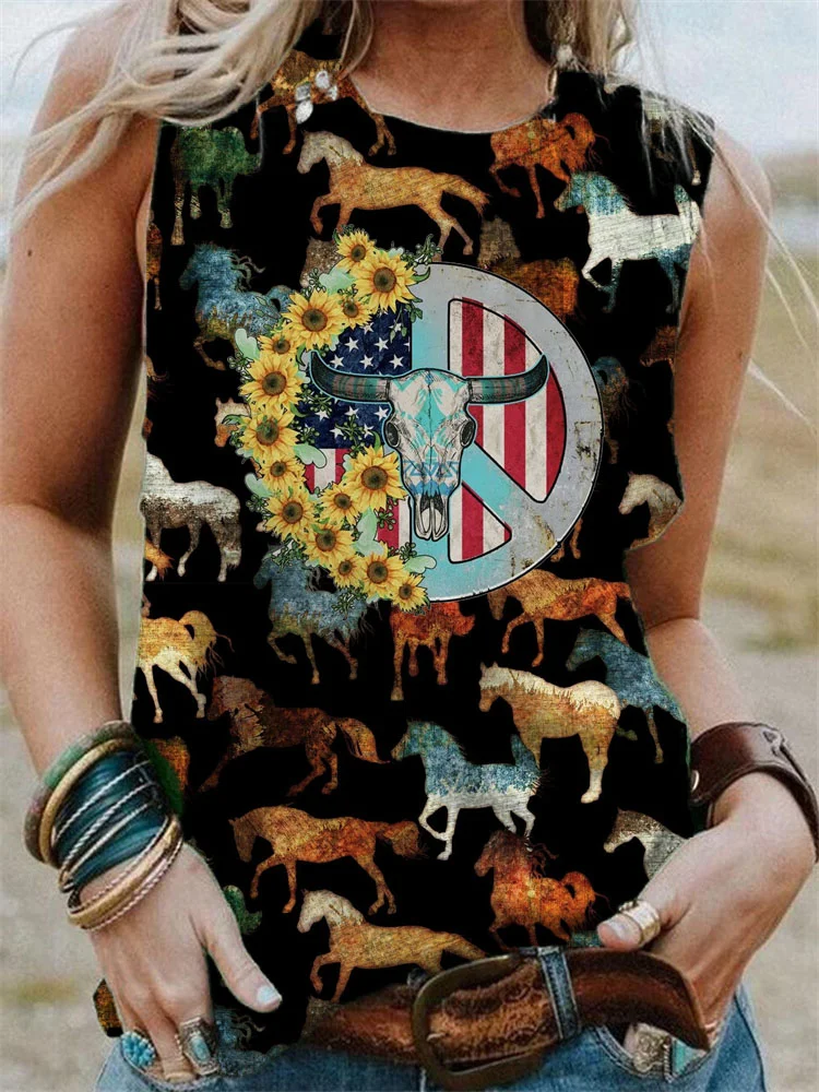 Western American Flag Independence Day Sunflower Horns Tank Top