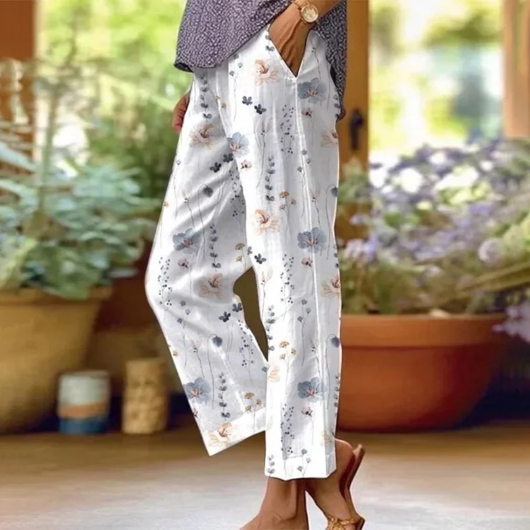 Casual Plant Floral Print Linen Elastic Waist Pants