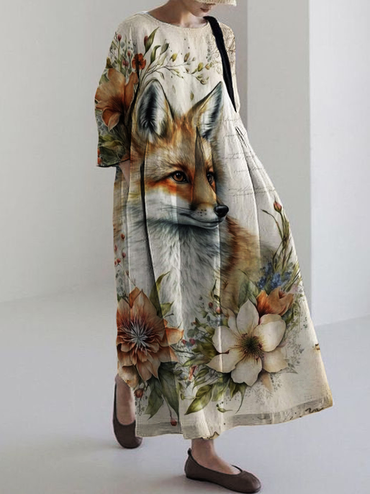 Vintage Fox Floral Art Linen Blend Maxi Dress