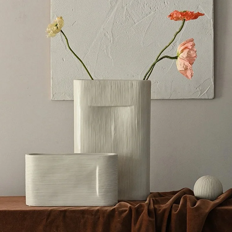2- Piece Oval White Stripe Ceramic Flower Vases - Appledas