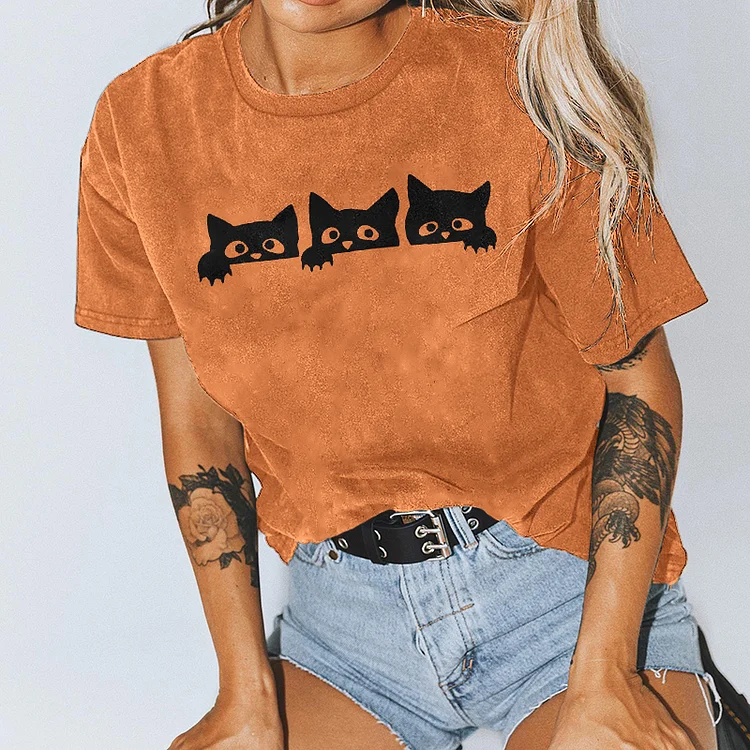 Vefave Short Sleeve Halloween Cat Print T-Shirt