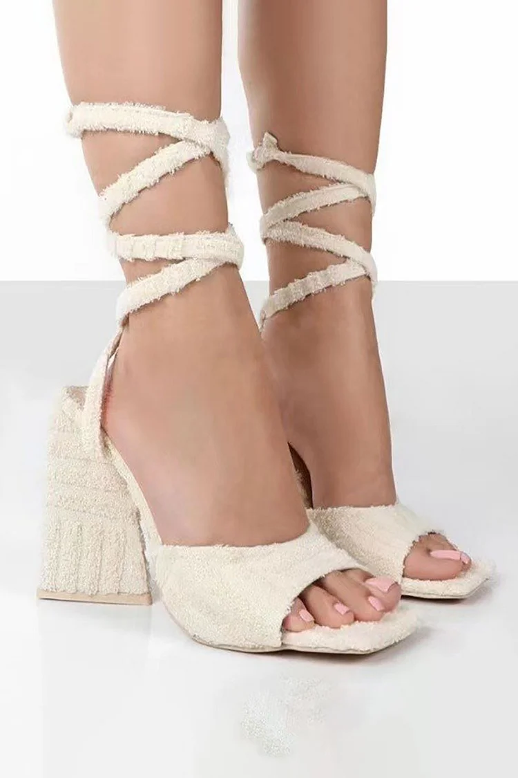 Tied Strap Velvet Open Toe Block High Heels Sandals