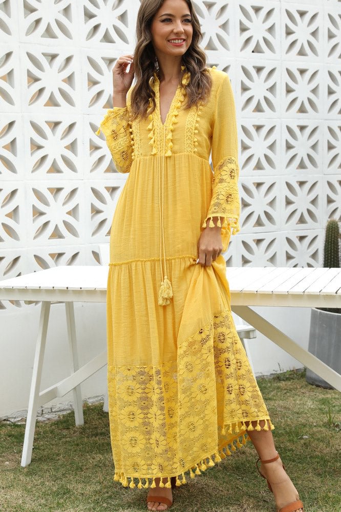 Women's Casual Yellow V-neck Long Sleeve Dress - Shop Trendy Women's Clothing | LoverChic