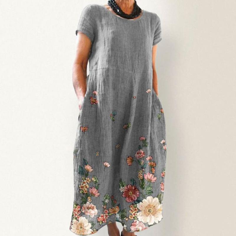 Casual Loose Botanical Floral Print Linen Midi Dress