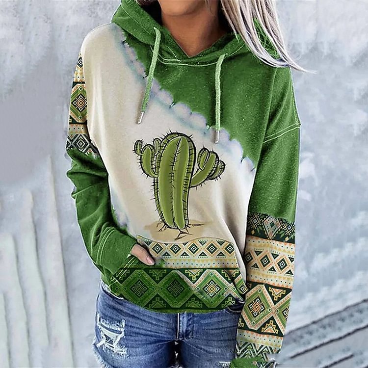 Vintage Totem Cactus Print Long Sleeve Hoodie