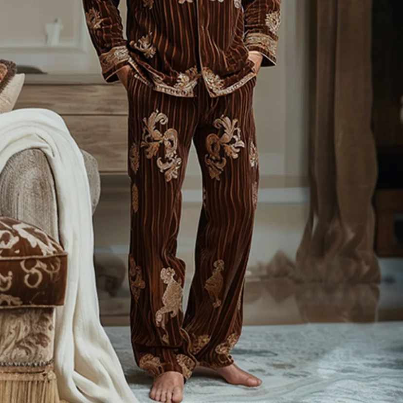 Men's Flannel Baroque Vertical Stripe Pajamas Suit-inspireuse