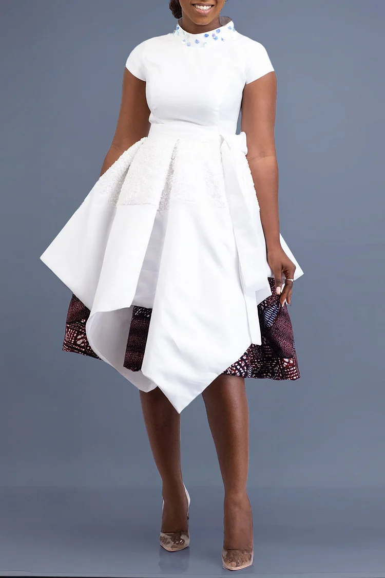 Plus Size Business Casual Ivory Patchwork Mock Neck Short Sleeve Asymmetrical Hem Lace Midi Dresses [Pre-Order]