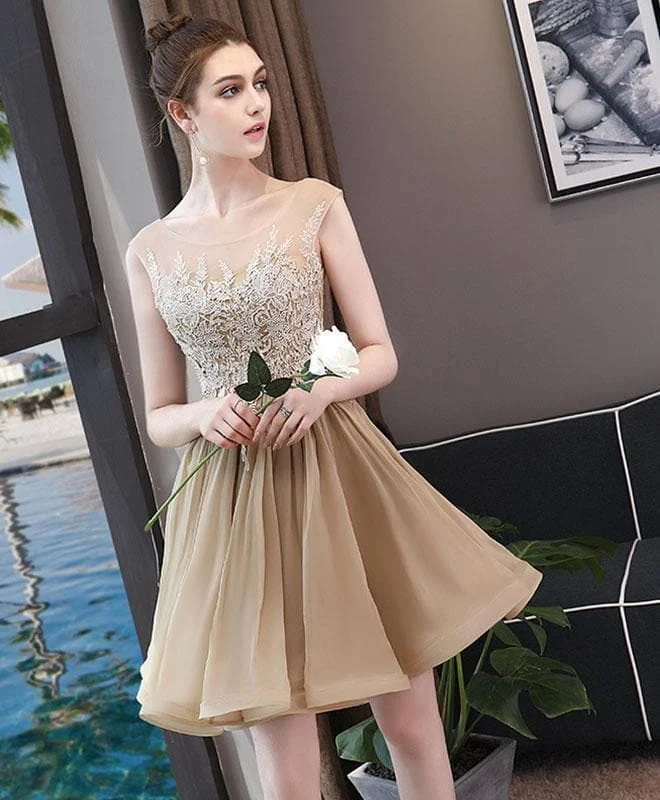 Champagne Chiffon Lace Short Prom Dress, Champagne Evening Dress