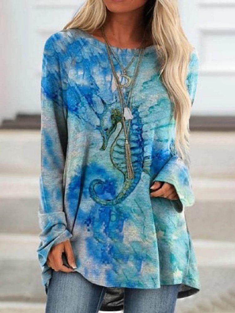Bestdealfriday Blue Seahorse Tie Dye Watercolor Print Casual Long Sleeved Top