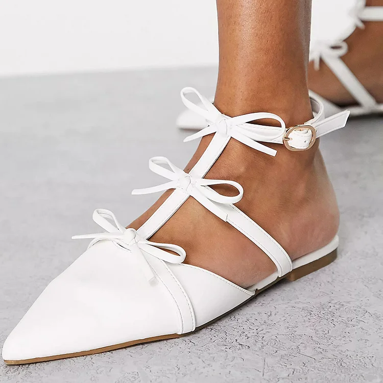 White Pointed Bow Shoes Women's Flat Pumps Office Flats |FSJ Shoes