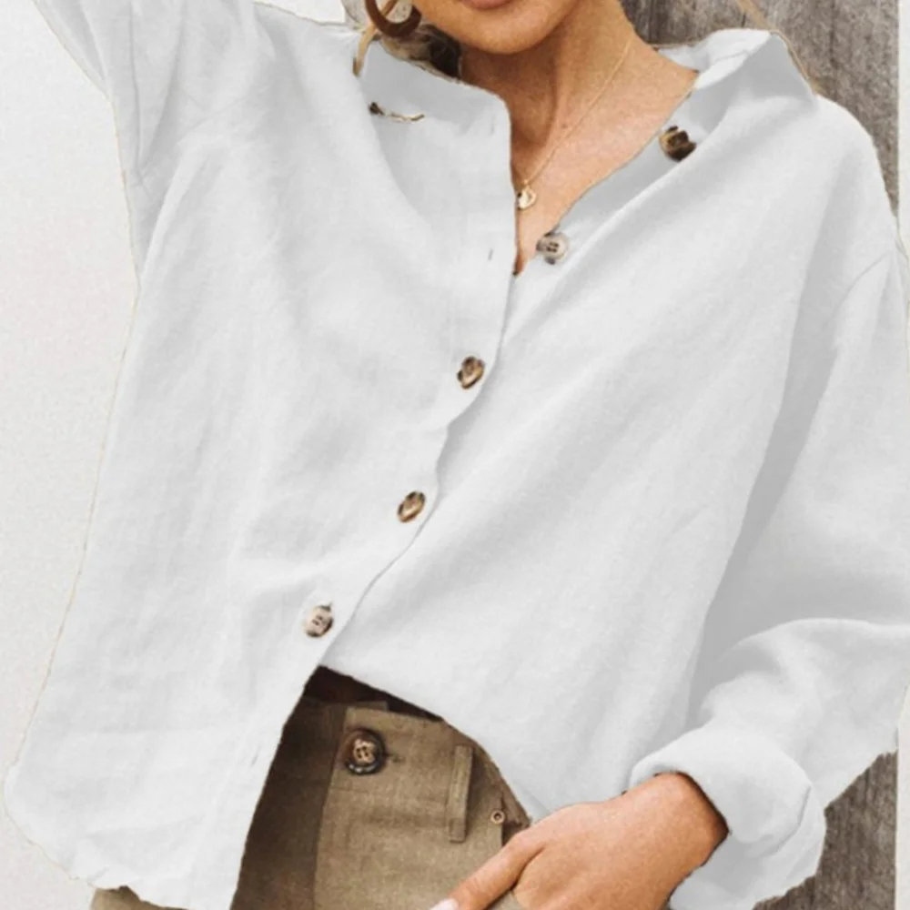 Smiledeer Ladies Loose Breathable Solid Color Linen Long Sleeve Shirt