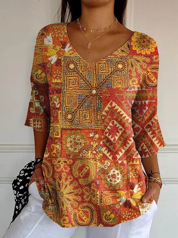 Women's Vintage Ethnic Pattern Art Print Casual Pullover Knit