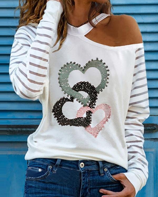 Triple Hearts Print One Shoulder Long Sleeves Casual Blouses