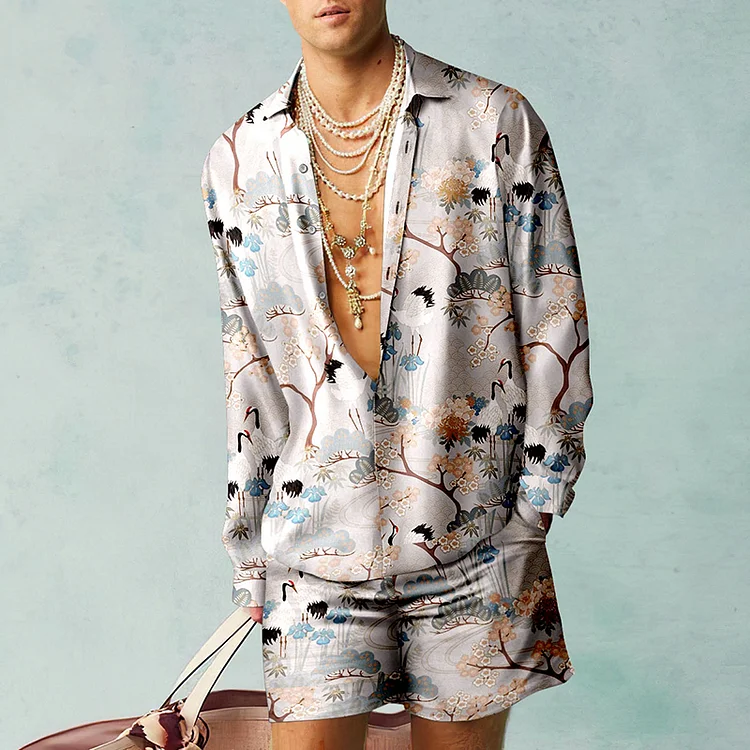 BrosWear Crane And Plum Blossom Print Shirt And Shorts Co-Ord
