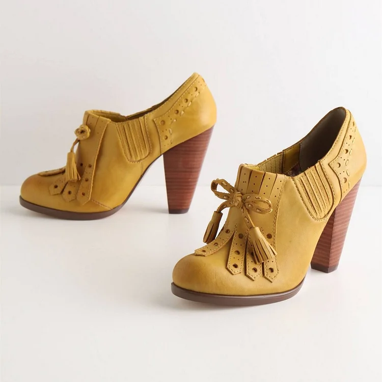 Yellow Oxford Heels Fringes Bow Round Toe Vintage Shoes |FSJ Shoes