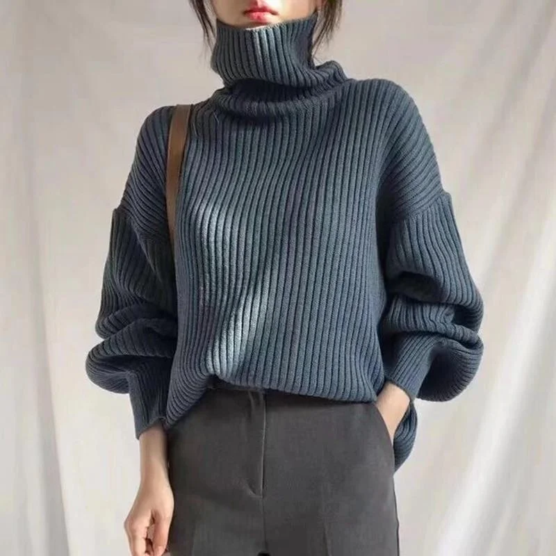 AOSSVIAO Vintage Thicken Striped Women Sweaters Autumn Winter Turtleneck Pullovers Jumpers Female Korean Knitted Tops femme