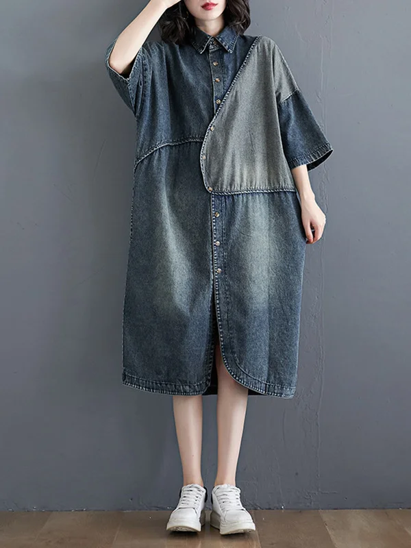 Denim Split-Joint Plus Size Half Sleeve Lapel Shirt Dress