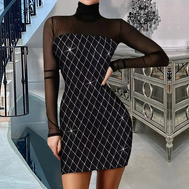 Elegant women's slim bag hip black dress with lace stitching diamond pattern