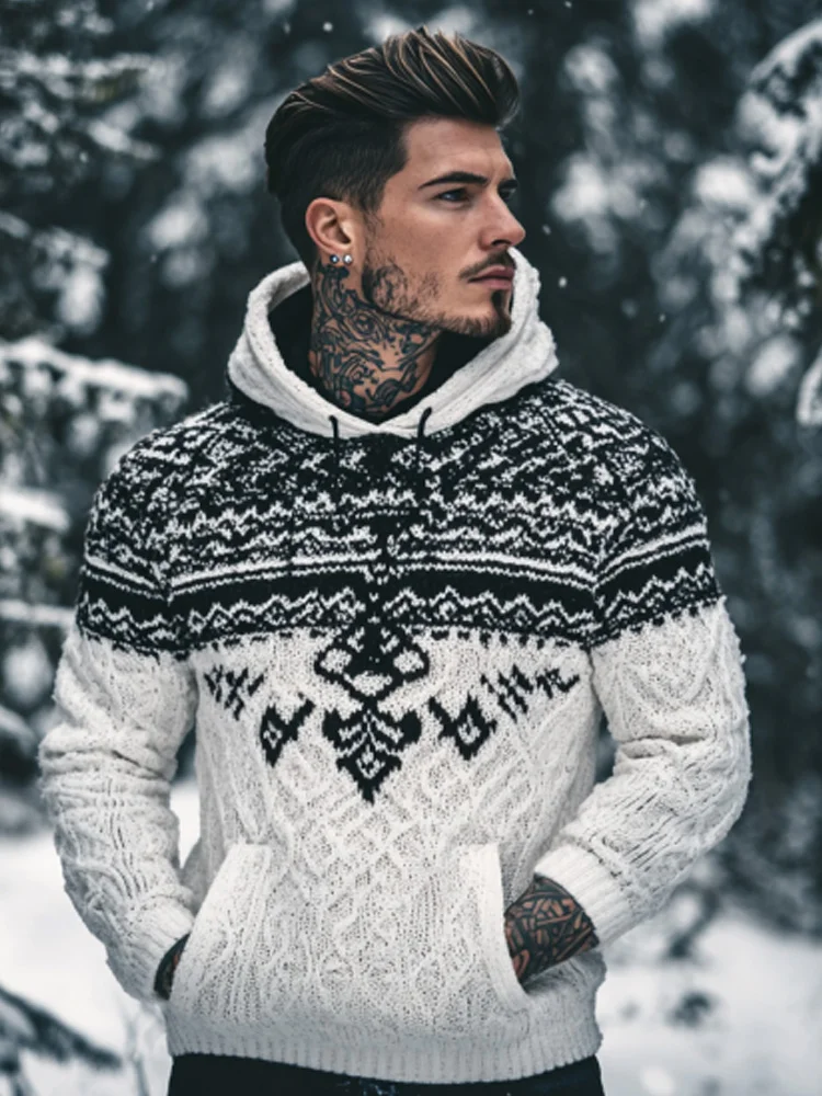 Men's Retro Viking Tribal Celtic Contrast Patchwork Chunky Hooded Sweater