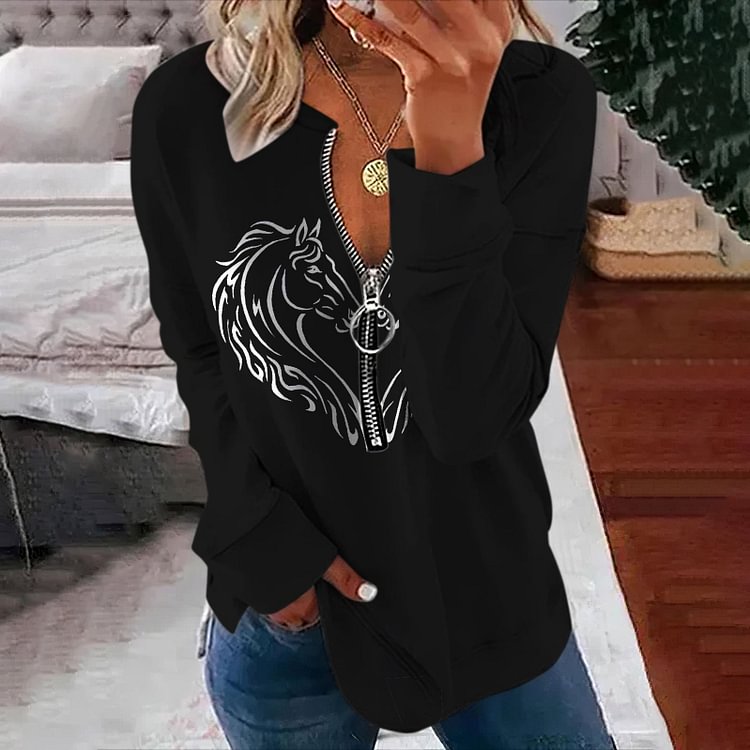 VChics Casual Horse Heart Print Long Sleeve Sweatshirt