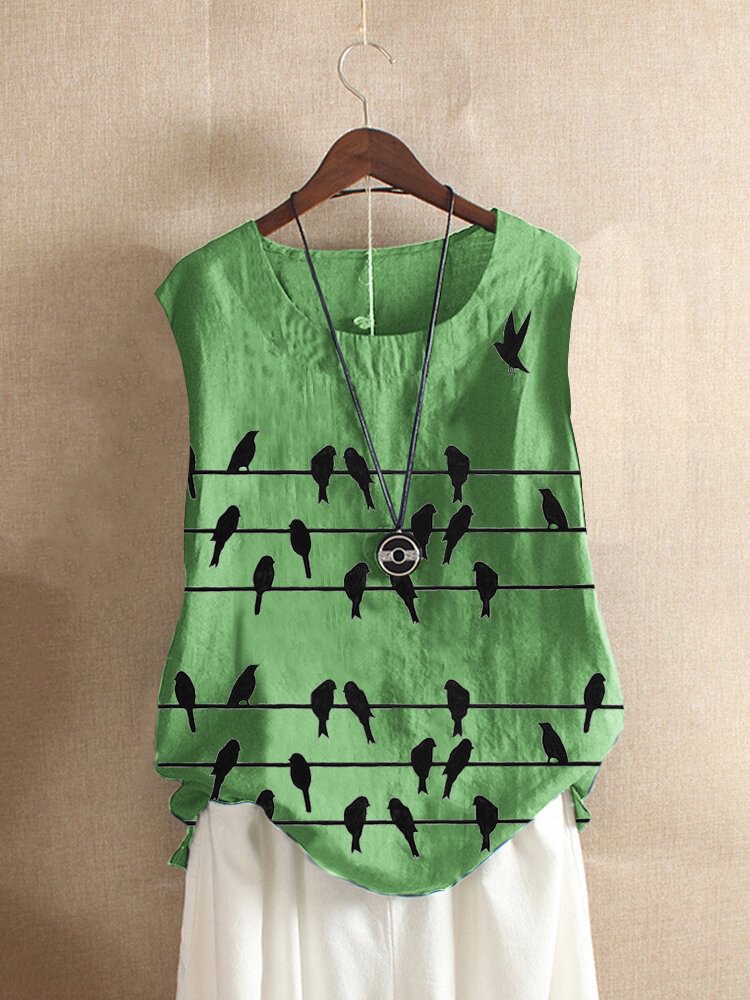 Stripe Birds Print O neck Sleeveless Casual Tank Top For Women P1830968