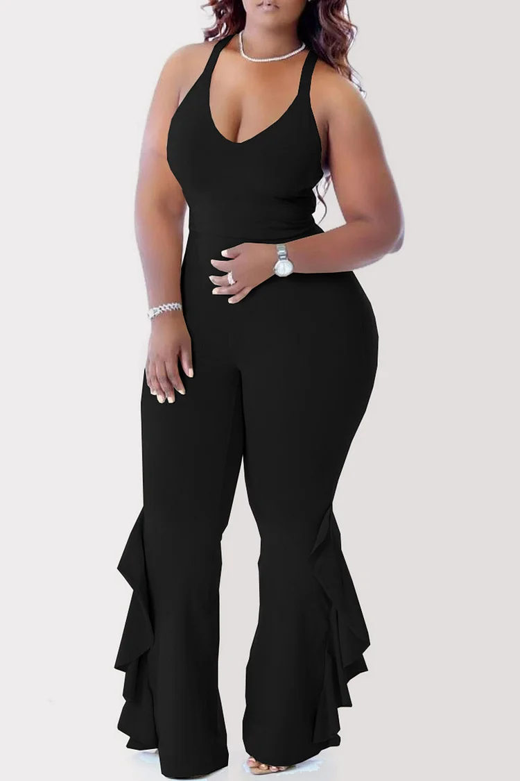 Xpluswear Plus Size Black Casual Solid Backless Ruffle Jumpsuits