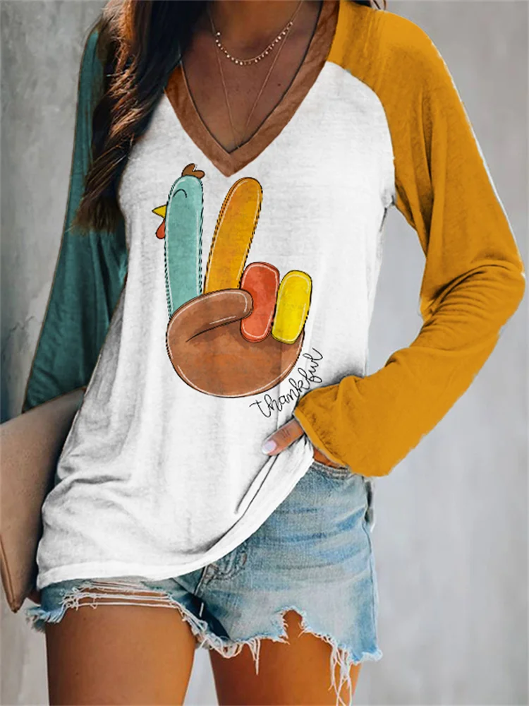 Thankful Cute Turkey Hand Colorblock T Shirt