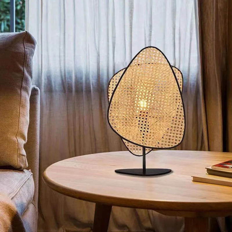 Rattan Table Light Linear Shape Table Lamp with Metal Base for Bedroom