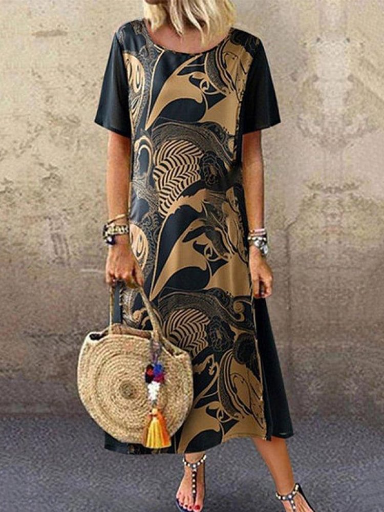 Retro Printed Stitching Short Sleeves Round Neck Dress P181401290