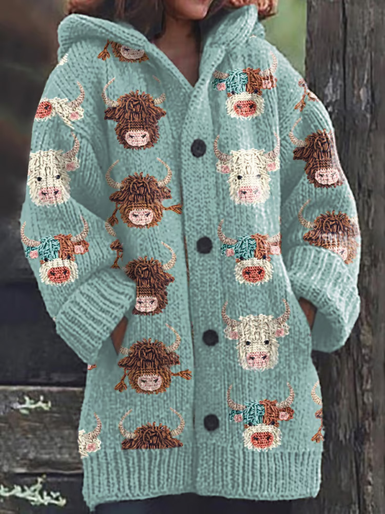 Comstylish Women's Cute Yak Western Style Wool Print Cardigan