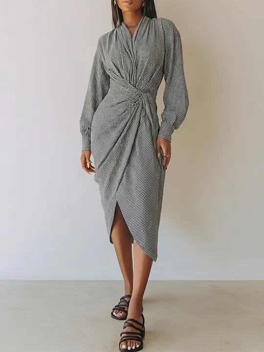 Women's Waist Twist Plaid Elegant Commuter V Neck Long Sleeve Midi Dress MD