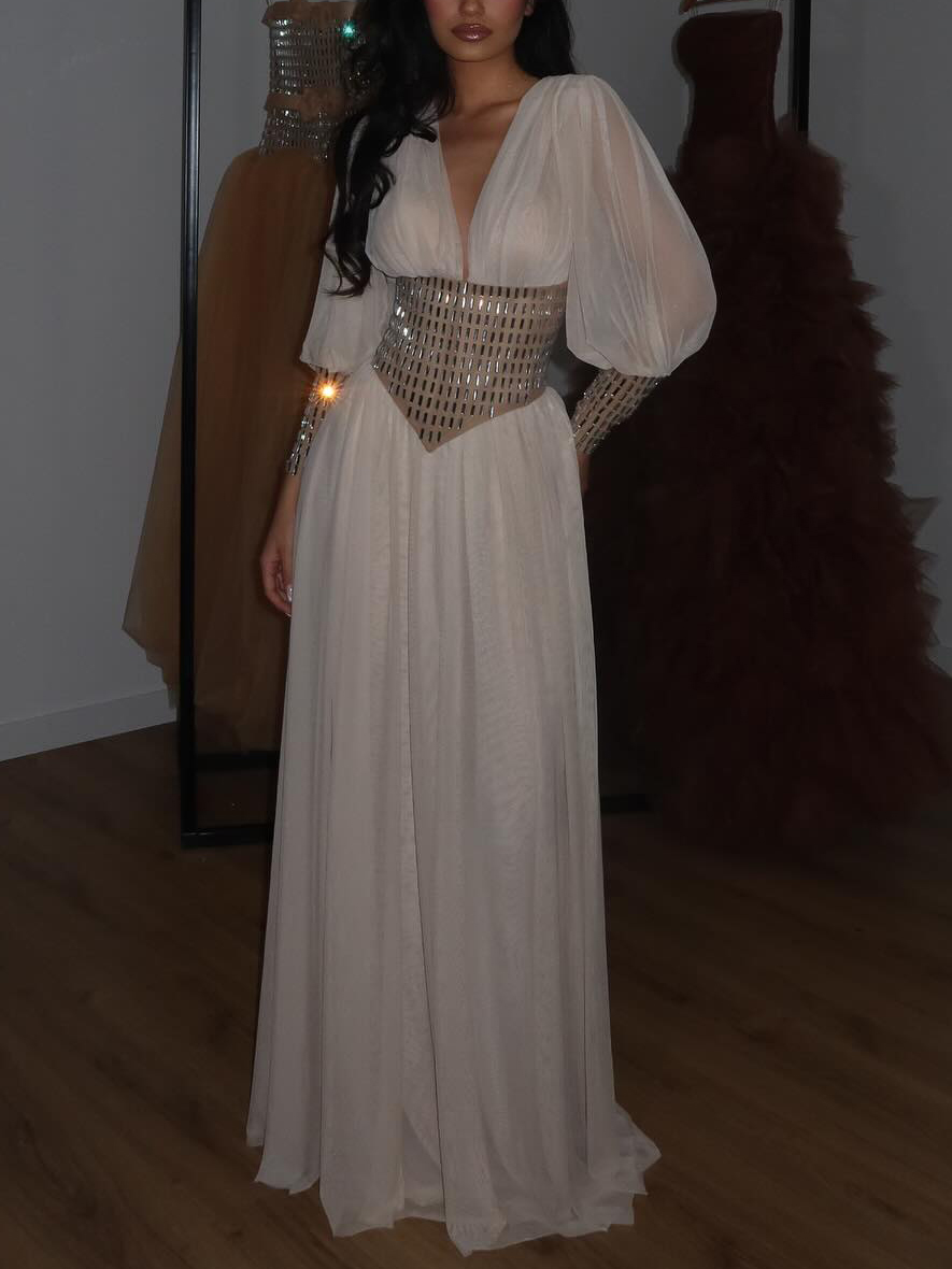 SCACTO Deep V Long Sleeve Diamond Waist Maxi Dress 82.99
