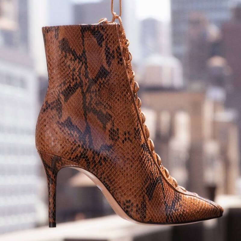 VCSHOES PU Snakeskin Point Toe Strap High Heel Ankle Boots