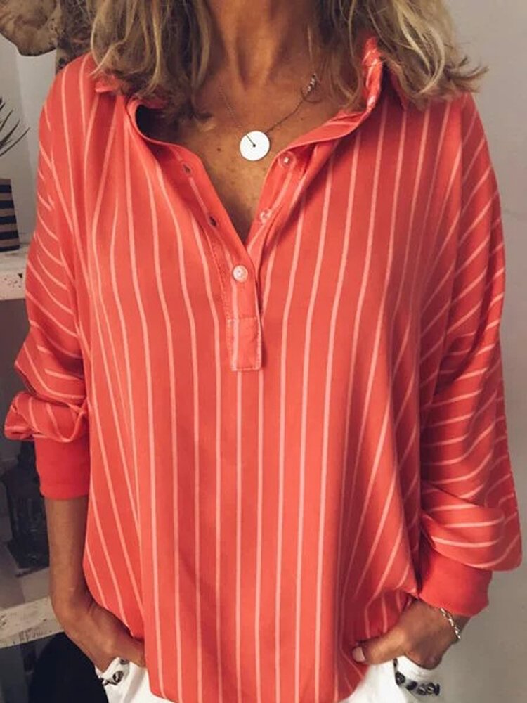 Long Sleeve Stripe Lapel Casual Blouse For Women P1487353