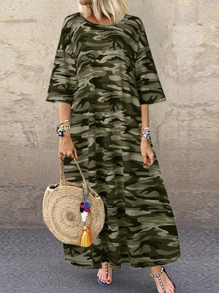 Camouflage Print O-neck Half Sleeve Casual Loose Dress