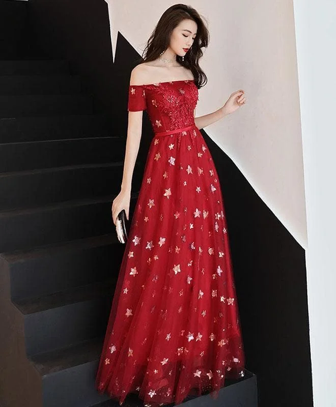 Burgundy Off Shoulder Tulle Long Prom Dress, Burgundy Evening Dress