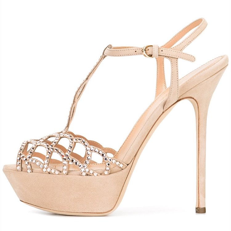 Nude Suede Wedding Heels Rhinestone T Strap High Heel Sandals |FSJ Shoes