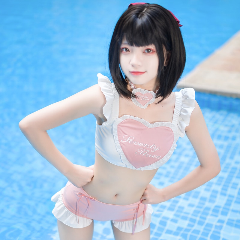 Kawaii Pink Heart Halter Swimsuit PE036