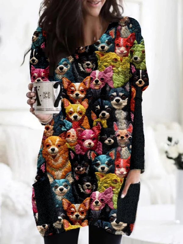 Cute colorful Chihuahuas Embroidery Art Comfy Knit Tunic