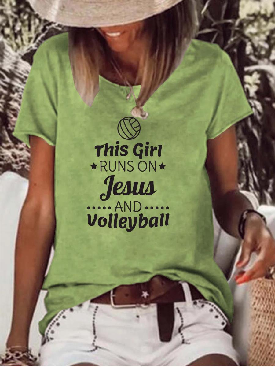 Volleyball Gift, Runs on Jesus Raw Hem Tee-Guru-buzz